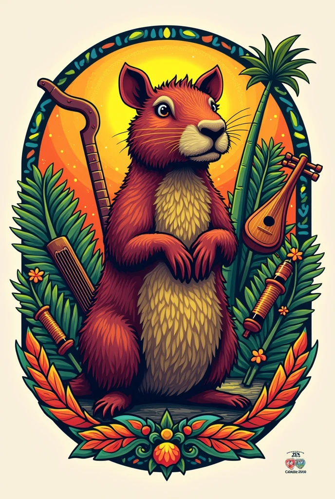 I want you to create a llanero-type logo that says 25th Corozo Festival that has instruments from the plains and a capybara