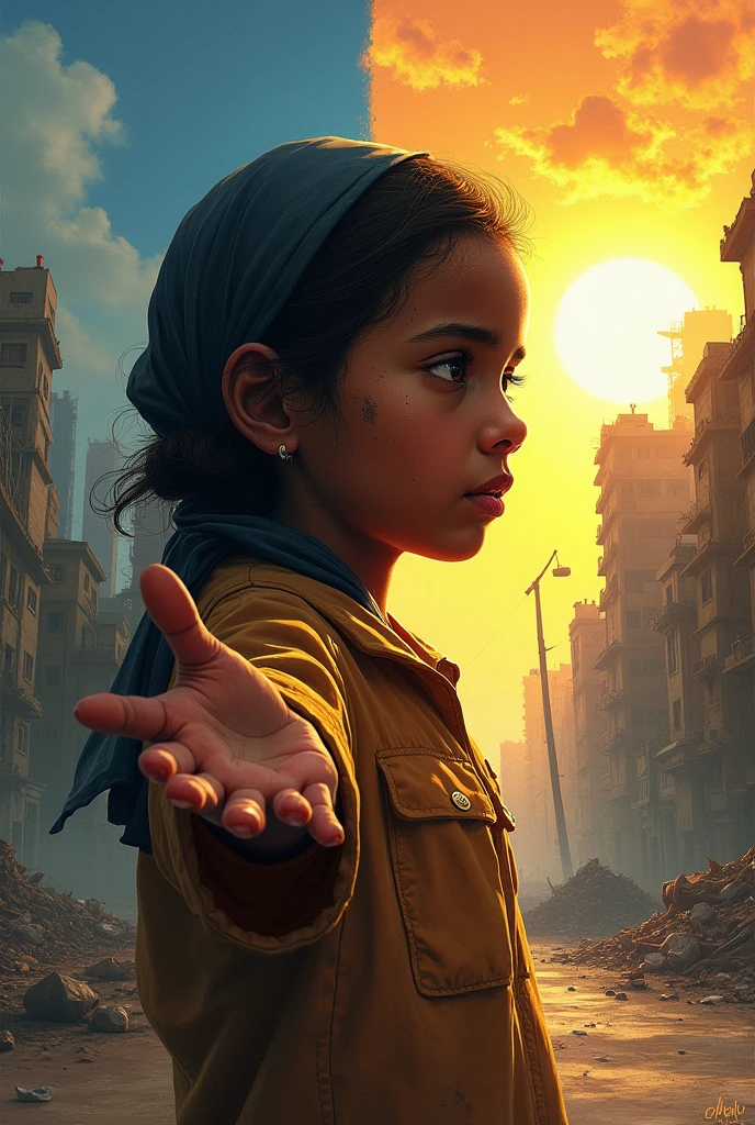 Here’s a detailed concept for the cover of “Colaad iyo Cadceed,” featuring a young girl and the city of Mogadishu:

Central Character - The Young Girl:

	•	A Symbol of Innocence and Strength: The cover’s focal point would be a young Somali girl, placed prominently in the foreground. She represents the innocence caught in the midst of war, yet her expression and stance convey resilience and determination. The girl could be depicted with a mix of emotions—her face showing the scars of conflict, but her eyes reflecting hope and resolve.

Duality of Mogadishu - Conflict and Hope:

	•	Left Side - The Impact of War: The left side of the cover should illustrate the harsh realities of conflict. The cityscape of Mogadishu in the background is damaged, with buildings crumbling, smoke rising, and the environment dark and oppressive. The girl might be seen holding onto something dear to her, like a small toy or a piece of cloth, symbolizing her clinging to what little innocence and normalcy she has left.
	•	Right Side - The Struggle for Peace: In contrast, the right side of the cover should depict the hope and determination for a better future. The same girl could be shown looking towards a brighter side of Mogadishu, where the sun is rising, illuminating new or repaired buildings. The sky here is clear, with warm rays of sunlight breaking through, symbolizing a new day and the enduring hope for peace and stability. The girl’s posture might be more upright on this side, symbolizing her unwavering spirit and the hard fight she’s engaged in to secure a peaceful life.

Symbolic Elements:

	•	The Girl’s Clothing: Her clothing could be tattered on the left side, reflecting the toll of war, but gradually becomes more intact and colorful on the right, representing the gradual return of hope and normalcy.
	•	Hands Reaching Out: To emphasize her struggle, you might depict her reaching out with one hand towards the light, symbolizing her active pursuit of a better future. This could also