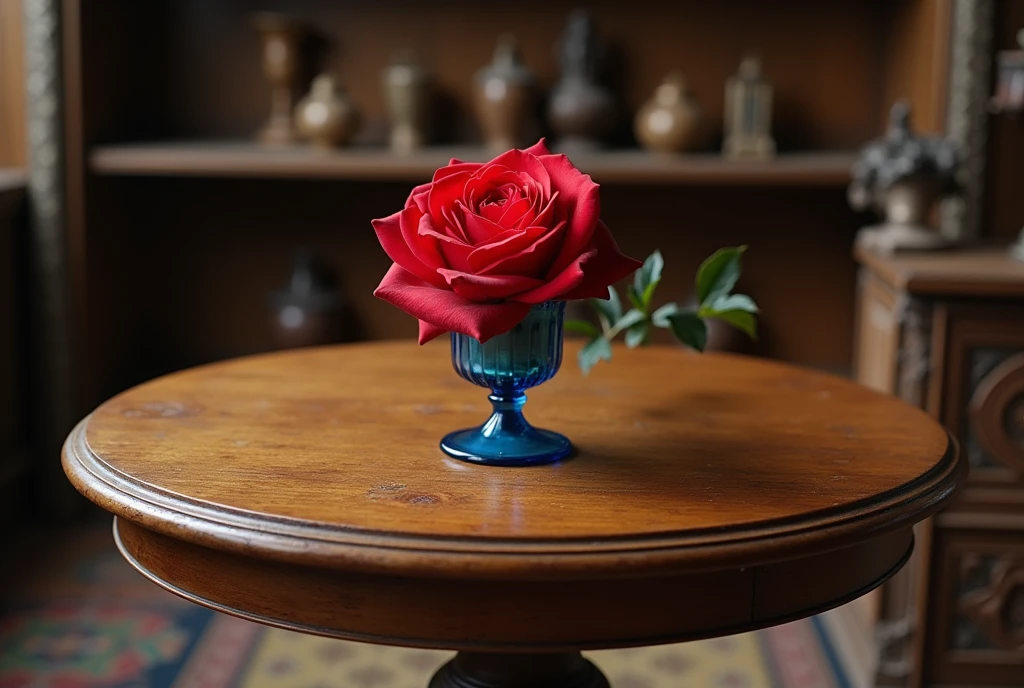 A round table made of cherry wood, believed to have been made in Scotland around the 16th century, It is still housed in the British Museum's warehouses, On top of it is a red rose in a blue glass chalice, ((Anatomically correct,Surrealism, uhd, retina, accurate, anatomically correct, textured skin, super detail, high details, best quality, 8k))