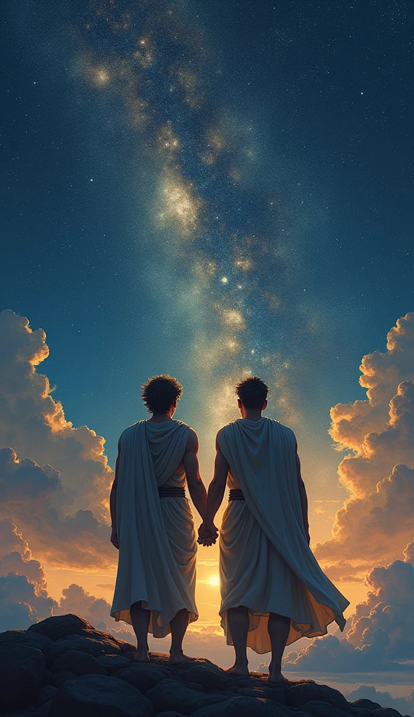 Castor e Pollux, twin brothers, were inseparable. Castor, mortal, was the son of Tyndareus, enquanto Pollux, immortal, was the son of Zeus. standing together, formed the duo known as Dioscuri, famous for their adventures. in a battle, Castor was mortally wounded. Pollux, devastated by the loss of his brother, begged Zeus to leave them together forever. Moved, Zeus placed the two in the sky as the constellation Gemini., allowing them to stand side by side for eternity. The constellation of Gemini symbolizes brotherhood and unbreakable union., transcendent even to death.