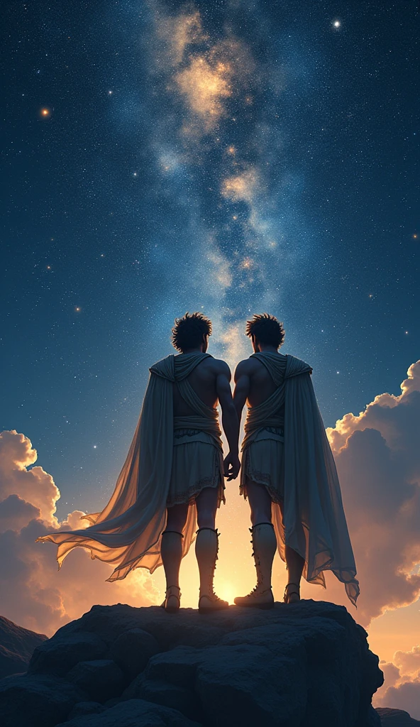 Castor e Pollux, twin brothers, were inseparable. Castor, mortal, was the son of Tyndareus, enquanto Pollux, immortal, was the son of Zeus. standing together, formed the duo known as Dioscuri, famous for their adventures. in a battle, Castor was mortally wounded. Pollux, devastated by the loss of his brother, begged Zeus to leave them together forever. Moved, Zeus placed the two in the sky as the constellation Gemini., allowing them to stand side by side for eternity. The constellation of Gemini symbolizes brotherhood and unbreakable union., transcendent even to death.