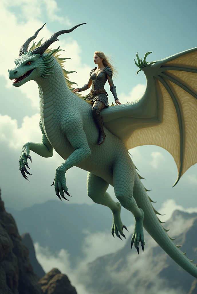A white and green dragon with a female warrior riding it