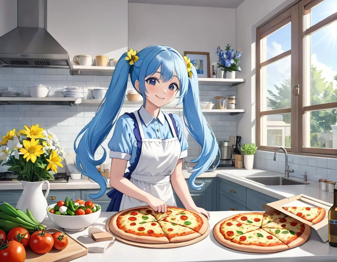 Light blue long hair、Beautiful girl with twin tails、Making a big pizza in an apron、Bright smile、Bright, sunny kitchen、There are lots of margaret flowers on the windowsill.、