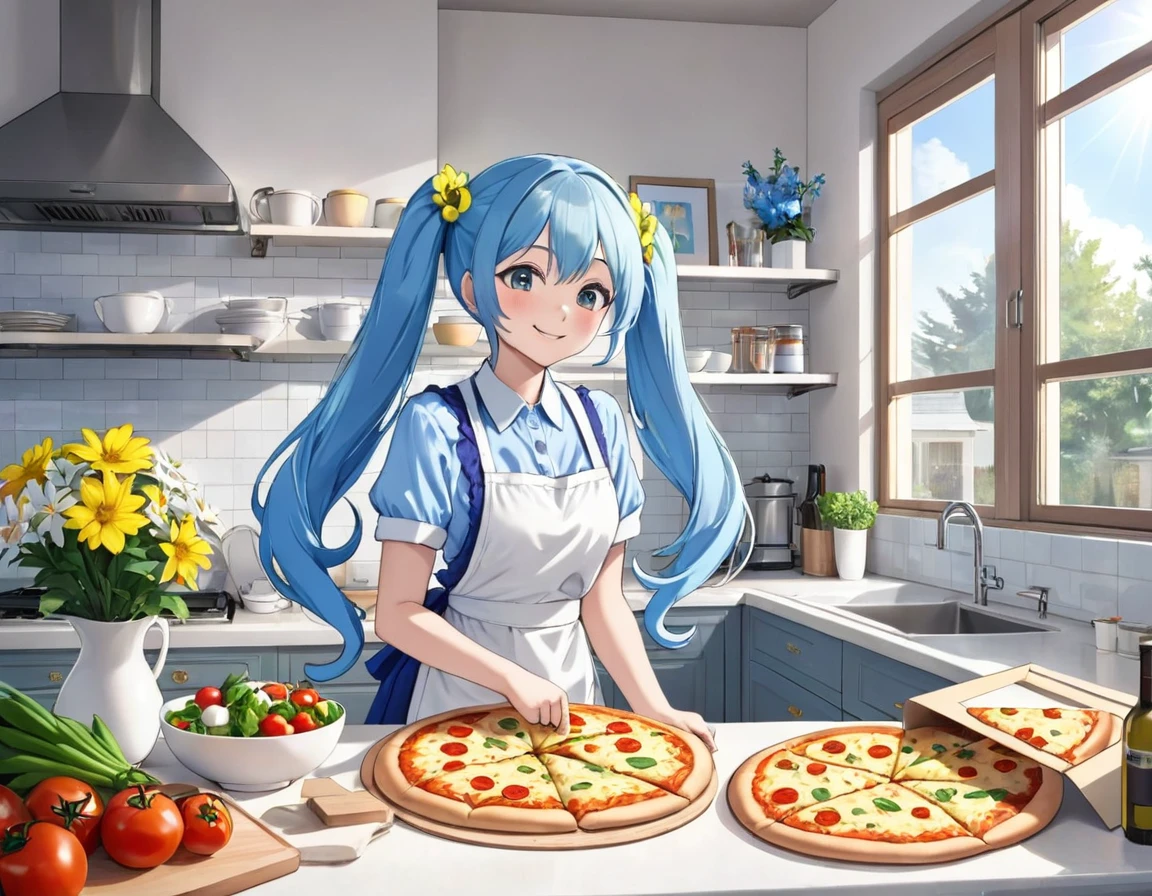 Light blue long hair、Beautiful girl with twin tails、Making a big pizza in an apron、Bright smile、Bright, sunny kitchen、There are lots of margaret flowers on the windowsill.、
