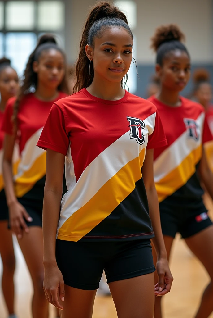 Clothing Women's dance team t-shirts in red, white, yellow and black with DC initials