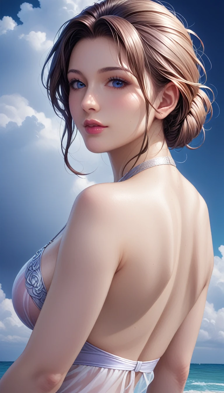 score_9, score_8_superior, score_7_superior, High resolution 3D anime style,A masterpiece in 32K resolution,Highest quality,it is really amazing,Very detailed,Ultra-high resolution,Ultra-realistic,Realistic,Increased depth of field,Cinematic lighting,
Elegant mature Japanese woman,
black straight medium hair,Ultra-detailed and beautiful face,Calm and gentle look,Translucent white skin,Realistic skin texture,Great proportions,
Elegant swimwear,
Summery design,Chic color scheme,Beautiful and delicate decoration,Detailed fabric texture,
Overcast night sky,(Dark Clouds:1),(Thundercloud:1),Coastline at night,Stormy seas,(delay々A desolate sandy beach that continues:1),
dramatic,Beautiful back view,