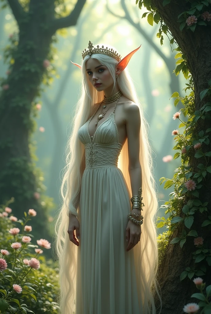 Рапунцель в прозрачном нижнем бельеElven forest goddess, long white hair, slender body, high ears, fantastic forest, detailed facial features, full lips, porcelain skin. The mistress of the fairy forest. Rapunzel. She wears a crown on her head, bracelets on her arms, and a massive necklace around her neck. A long, light, semi-transparent, form-fitting dress. Spectacular lighting, a dramatic fantasy-style scene, illumination at the edges, a sunbeam illuminates the forest. Detailed textures, High detail, 8K, Cinematic, Award-winning works, Digital painting, Conceptual Art, Photorealistic, Detailed eyes. 16K resolution, Nikon Z9, Digital photography, ultratextured skin, Realistic photography, Cinematic effect, soft light, soft shadows, high-quality surround lighting