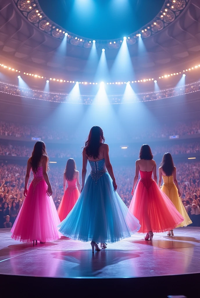 5 kpop female artists wearing dresses performing, wide stage, huge round stadium filled with fans, lights, concert