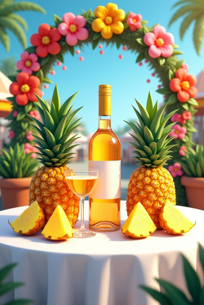 A display table, with a white tablecloth, at a fair with a bottle of pineapple wine and two pineapples, one on each side of the wine and pineapple slices and a glass of pineapple wine, with an arch decorated with tropical flowers and 2d style