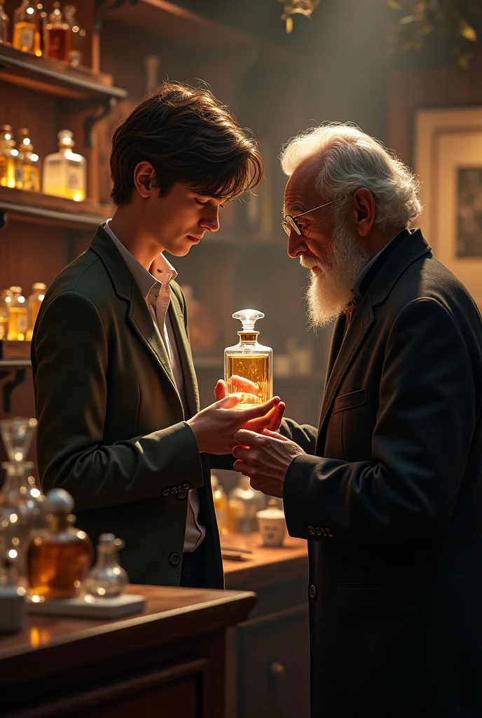 The young man speaks to the old perfumer who is fascinated by the smell of the perfume
