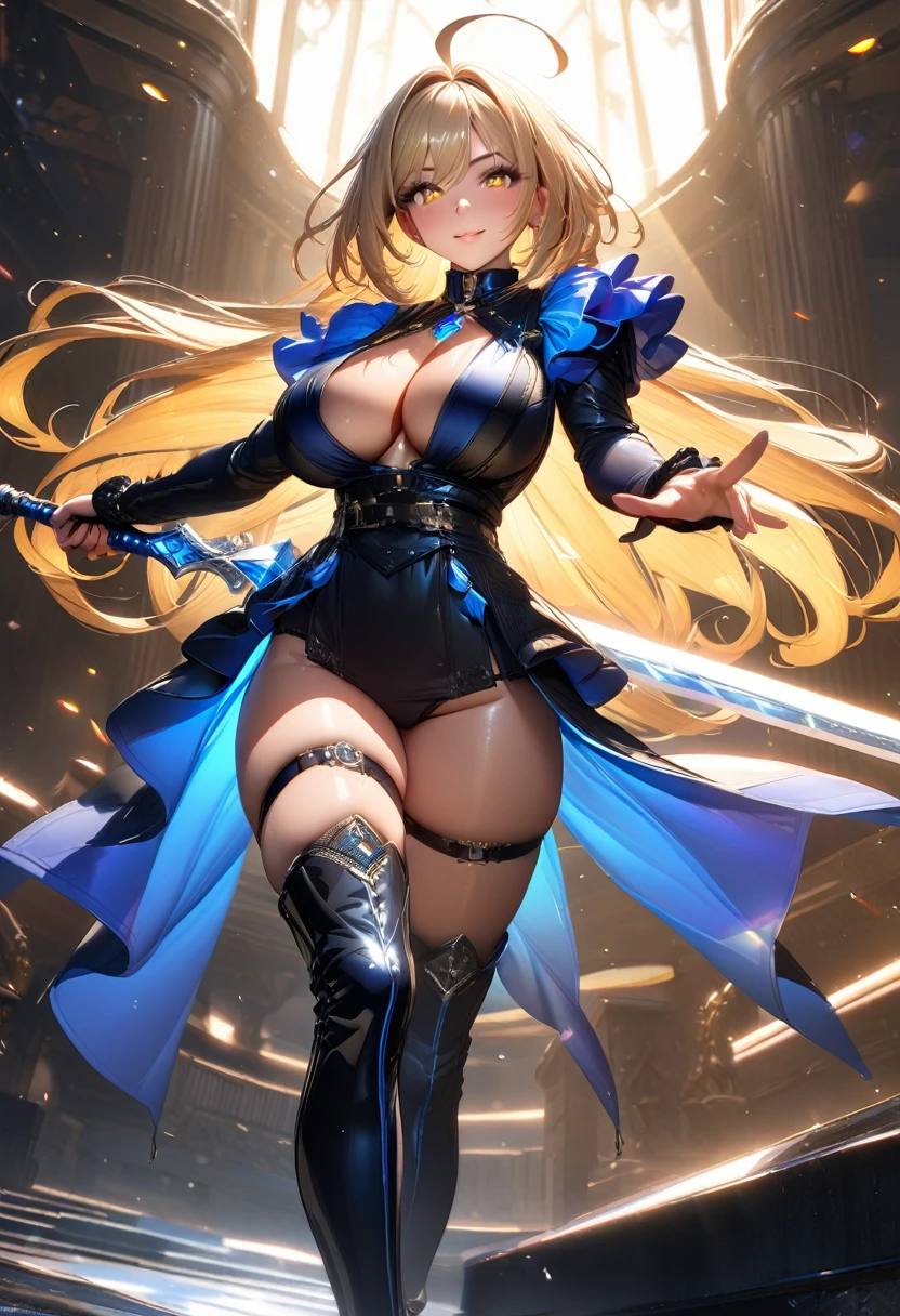 masterpiece, (best quality:1.1), ultra-detailed, glistening shiny, glowing light, ray tracing, HDR, deph of field, (perfect face, detailed face, detailed eyes, perfect hands, perfect fingers), 8k, HD, ultra realistic face, ray tracing, perfect lighting, ultra-detailed, shiny eyes, looking at viewer, 1girl, ( female:1.4), thicc, topaJPLT, topaz (gem), ahoge, blue hair ribbon, blue ribbon, twin braids, very long hair, blonde hair, yellow eyes, cleavae breasts, thigh black panties, black leg riigh heel boots, holding sword, huge weapon, huge sword,