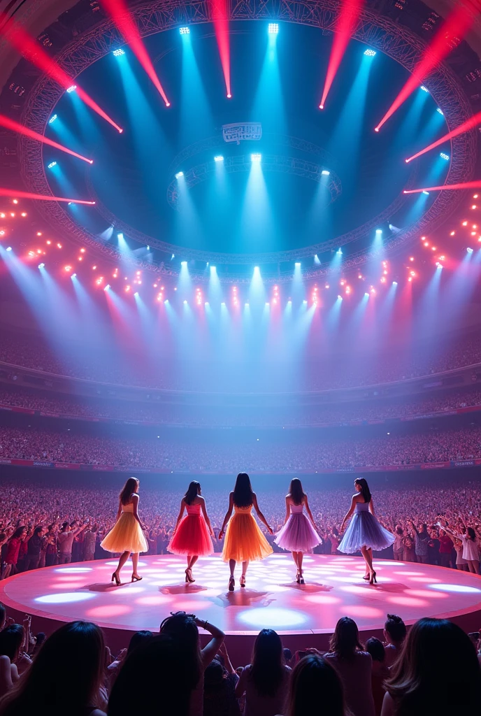 5 kpop female artists wearing dresses performing, wide stage, huge round stadium filled with fans cheering, lights, concert 