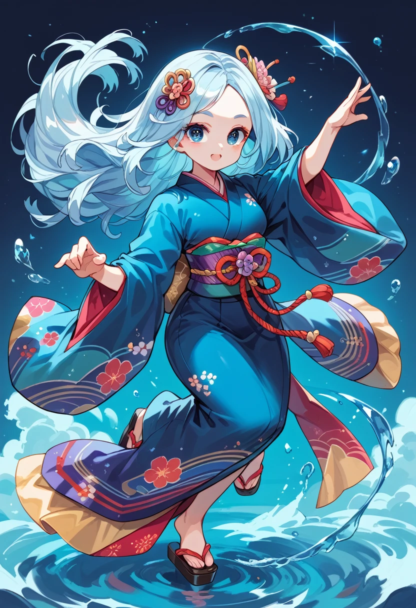 full body illustration, magical dance pose, gorgeous female air and water wizzard in traditional kimono, magical female monk, blue shiny eyes, gorgeous big cute eyes, gorgeous woman