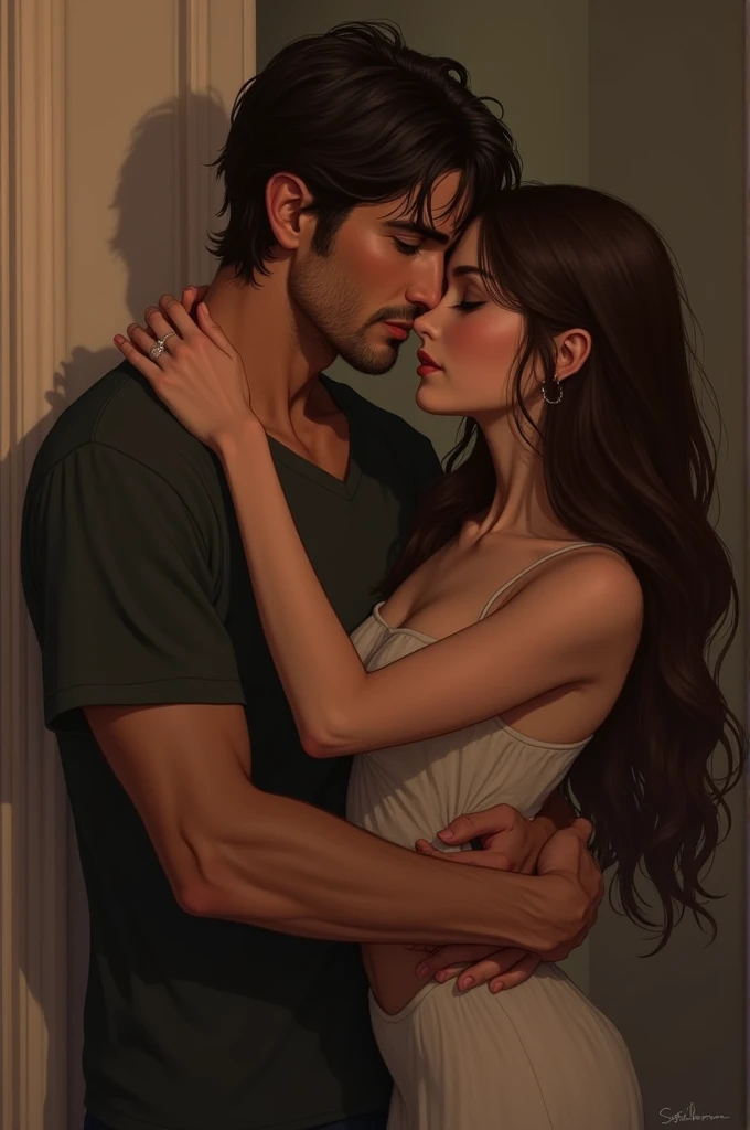 Boy who looks like Dean Winchester hugging a girl with long hair, wavy brown hair and dark eyes with a princess face 