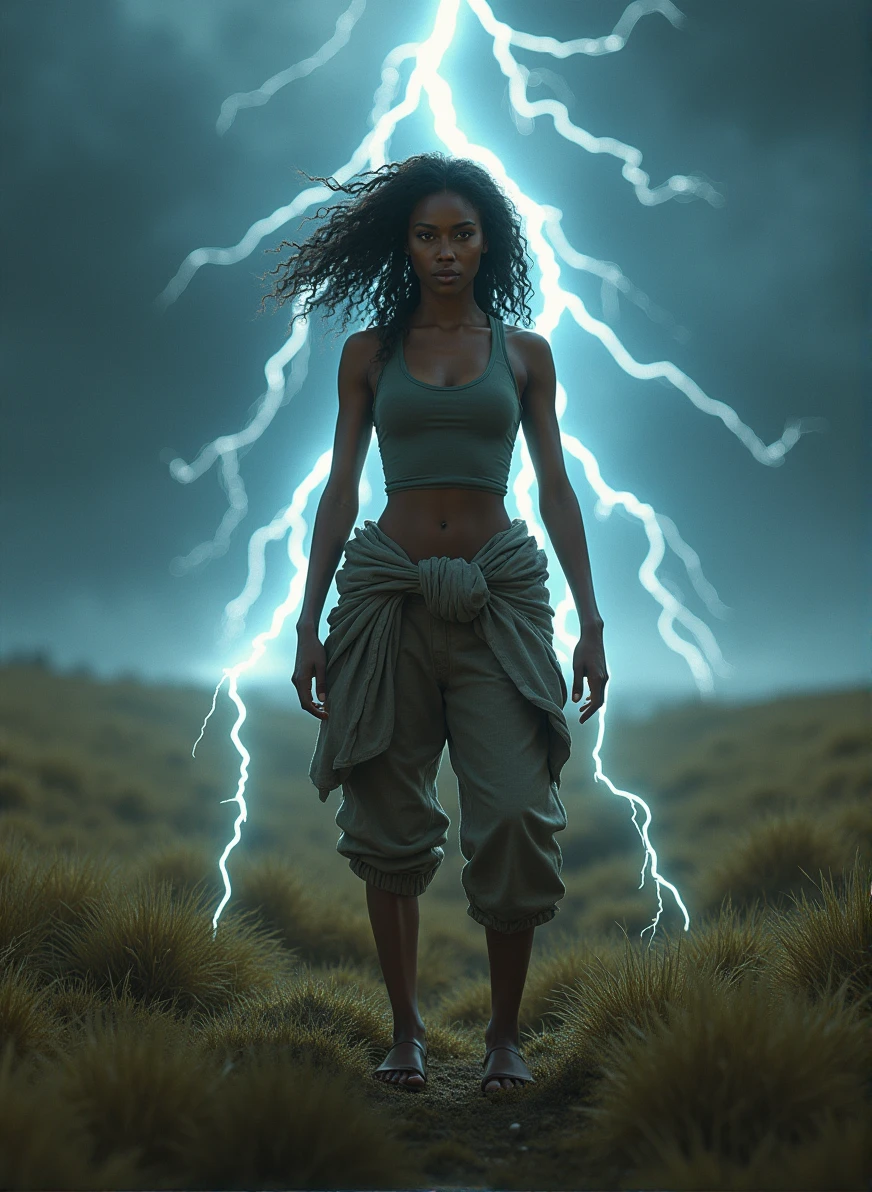 Dark skinned woman, two-tone hair, harem pants, tank top, jacket around waist, standing in vast grassy field, sandals, night, lightning in sky, emitting lightning, highly detailed,