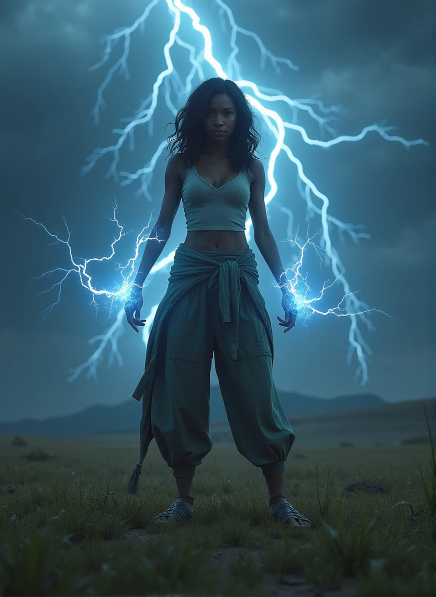 Dark skinned woman, two-tone hair, harem pants, tank top, jacket around waist, standing in vast grassy field, sandals, night, lightning in sky, emitting lightning, highly detailed, 