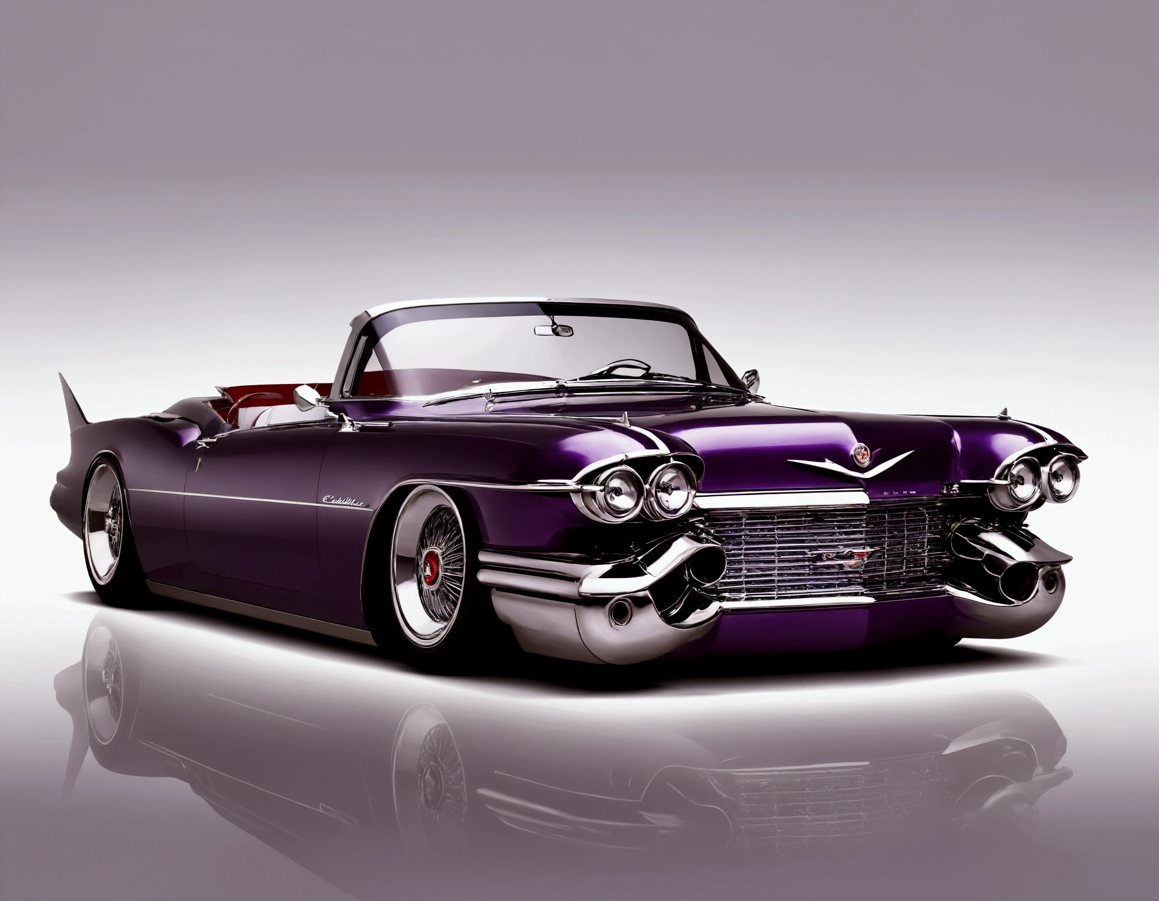 DIAGONAL and distant CAMERA, full image of A beautiful 18 year old girl driving inside a 1959 Cadillac Eldorado Biarritz convertible hot rod, COR silver chrome metallic reflective, METALLIC PURPLE COLOR, Hot rod style, film style stalone cobra, the painting reflects the sunlight, reflection of light shine on painting, It has a purple star wheel, It has a purple star wheel, thick and ridiculously wide and turned sports wheels, GOLDEN AND POLISHED WHEELS, It has gold wheels, ridiculously lowered front suspension, inside a garage with white walls, image in diagonal pose, ​masterpiece, whole image 