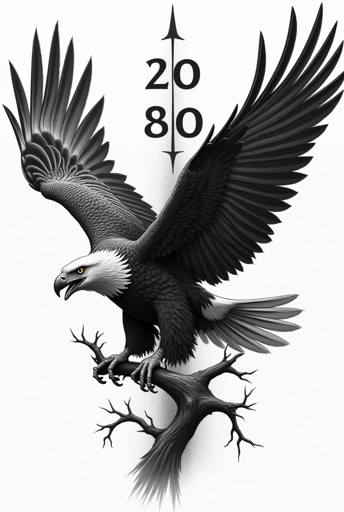 A tattoo of an eagle facing right side and left side date of birth (20/04/80) which rises with the same branch on which the eagle is perched