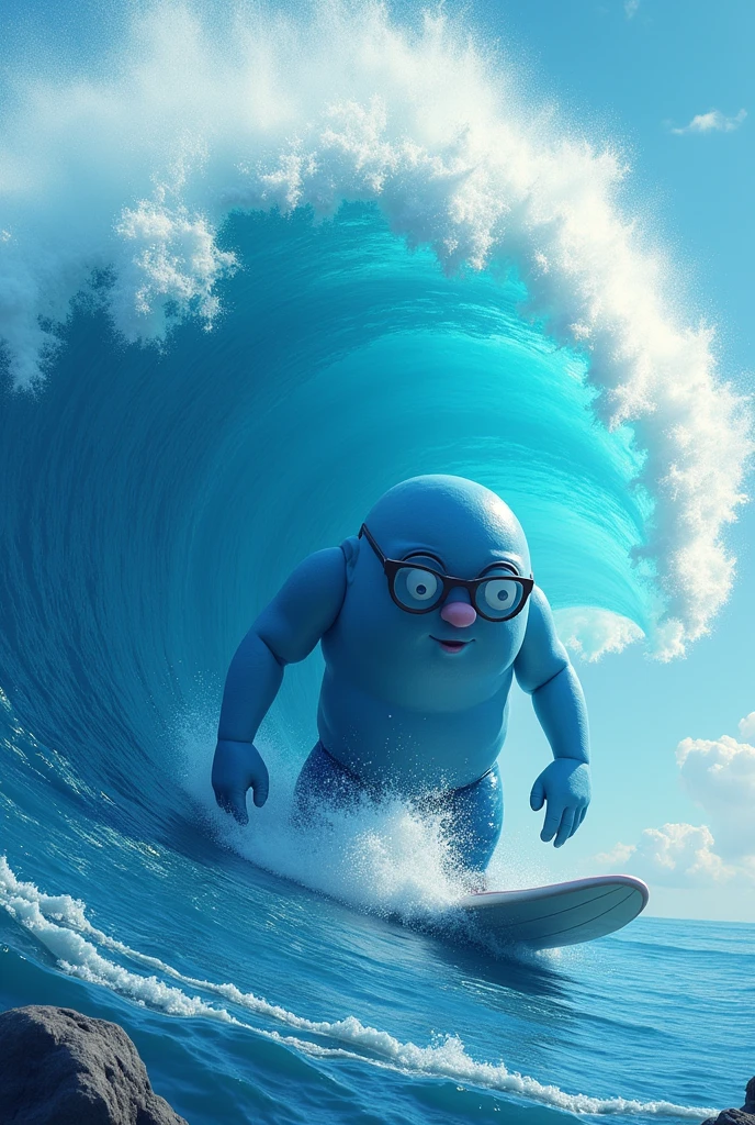 a giant blue character with glasses surfing, remove the aquatic giant and put an effect on the wave