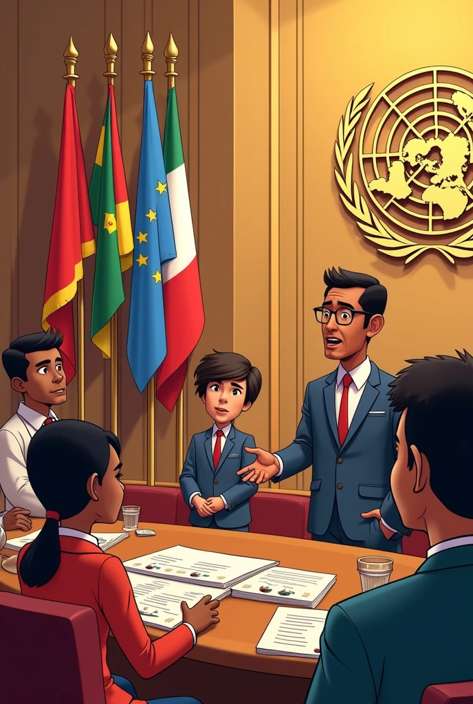 Cartoon in animated format about: during a UN debate, Malta quotes that encourages countries, like Mocambique, Sierra Leone and Algeria, encompass their cultural diversities and form a political bloc to resolve cross-border terrorism in Africa.