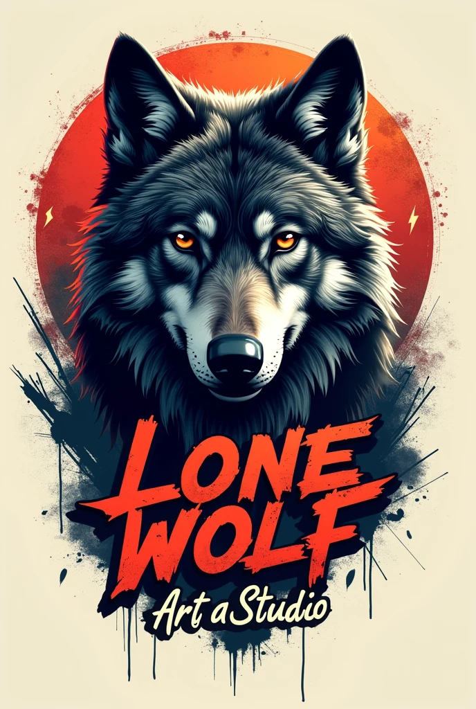 Wolf logo for art studio with the acronym in graffiti format written Loba solitaria studio arte with background spray and lightning