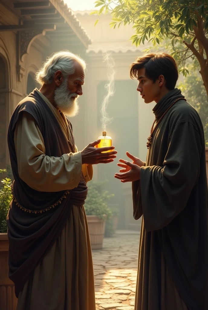 The young man speaks from afar to the old perfumer who is fascinated by the smell of the perfume.