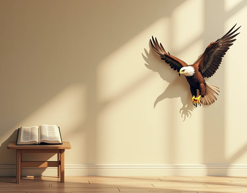 a beige wall with a picture of an eagle on the wall, the photo must be in the right corner of the wall, in the left corner an open bible