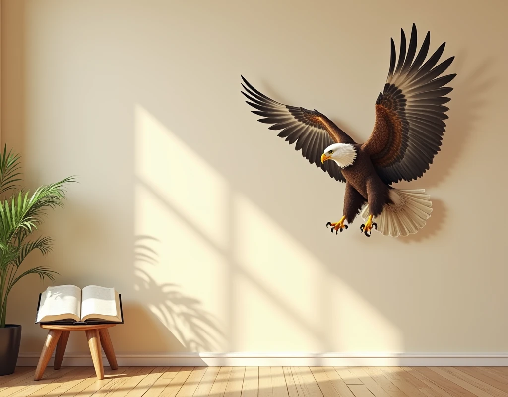 a beige wall with a picture of an eagle on the wall, the photo must be in the right corner of the wall, in the left corner an open bible