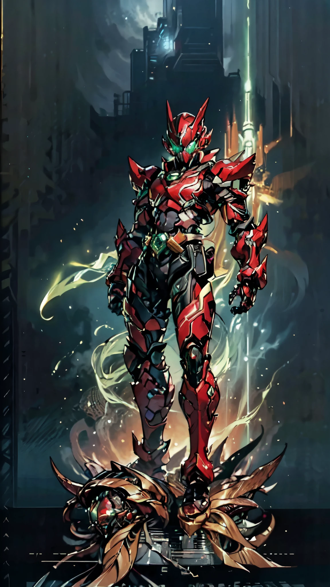 (masterpiece:1.5, best quality:1.5, extremely delicate:1.5), a man wearing a full-face helmet, a fantasy-style biotech armored combat suit, green eyes, (a composite layered chest armor), fully enclosed shoulder guards, matching arm and leg guards, belt of Neon circuit, (the color scheme is primarily black with green and red accents), the design balances heavy with agility, a high-tech bio-mecha armor, (Armor Concept Inspired by Kamen Rider, stand on the top of a skyscraper in a futuristic sci-fi city), this character embodies a finely crafted fantasy-surreal style armored hero in anime style, exquisite and mature manga art style, (element, plasma, energy, the armor glows), ((male:1.5)), metallic, high definition, highres, ultra-detailed, ultra-fine painting, professional, perfect body proportions, golden ratio, anatomically correct, symmetrical face, extremely detailed eyes and face, high quality eyes, creativity, RAW photo, UHD, 32k, Natural light, cinematic lighting, masterpiece-anatomy-perfect