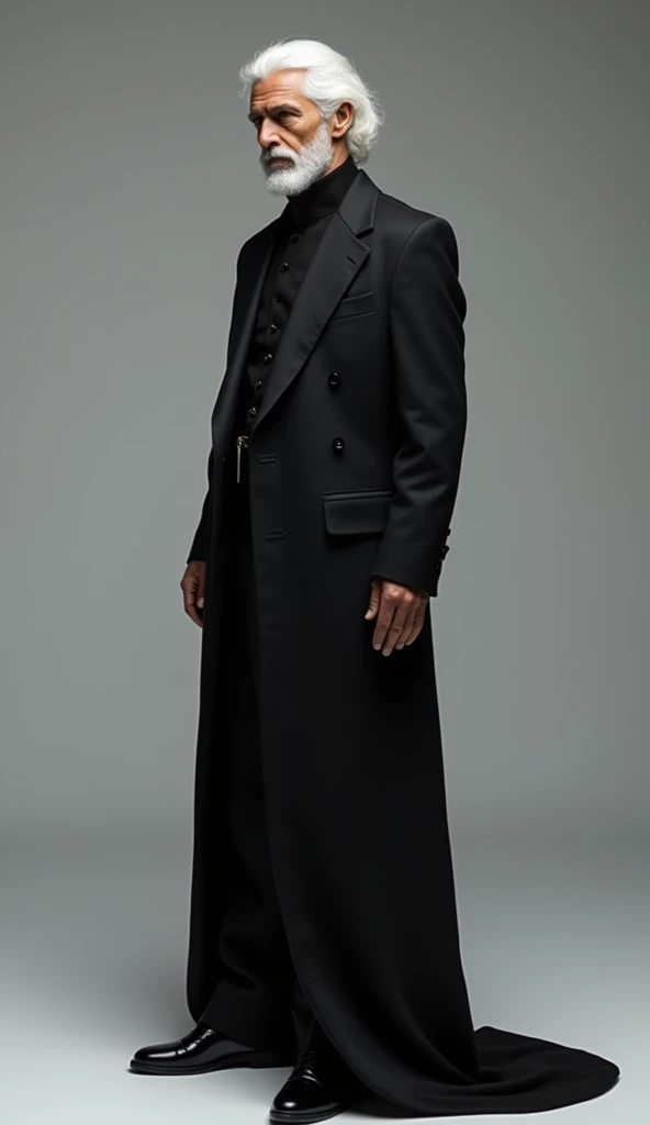 A realistic 25 years old handsome man with protional body, white hair, black clothes, balance pose and abstrac background