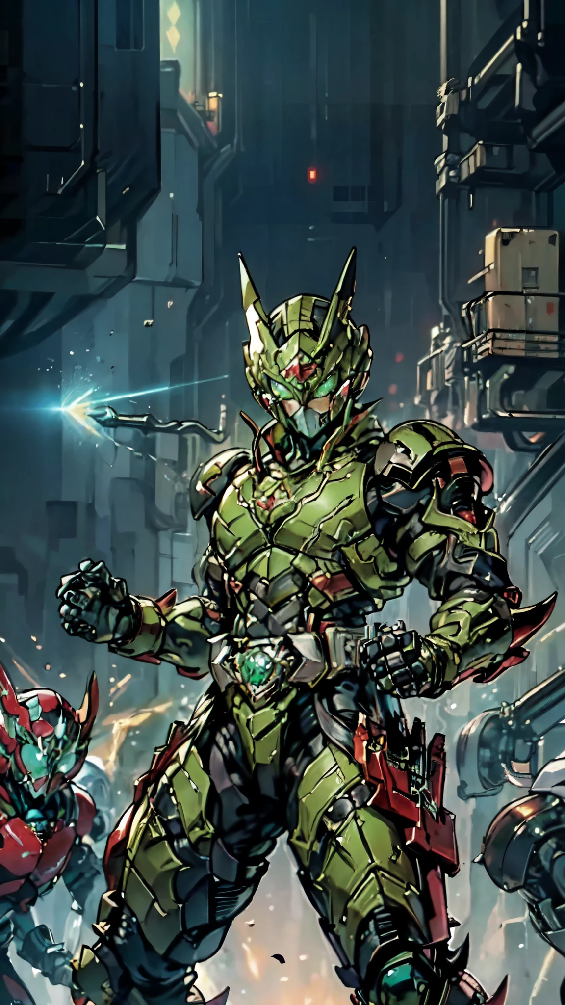 (masterpiece:1.5, best quality:1.5, extremely delicate:1.5), a man wearing a full-face helmet, a fantasy-style biotech armored combat suit, green eyes, (a composite layered chest armor), fully enclosed shoulder guards, matching arm and leg guards, belt of Neon circuit, (the color scheme is primarily black with green and red accents), the design balances heavy with agility, a high-tech bio-mecha armor, (Armor Concept Inspired by Kamen Rider, stand on the top of a skyscraper in a futuristic sci-fi city), this character embodies a finely crafted fantasy-surreal style armored hero in anime style, exquisite and mature manga art style, (element, plasma, energy, the armor glows), ((male:1.5)), metallic, high definition, highres, ultra-detailed, ultra-fine painting, professional, perfect body proportions, golden ratio, anatomically correct, symmetrical face, extremely detailed eyes and face, high quality eyes, creativity, RAW photo, UHD, 32k, Natural light, cinematic lighting, masterpiece-anatomy-perfect