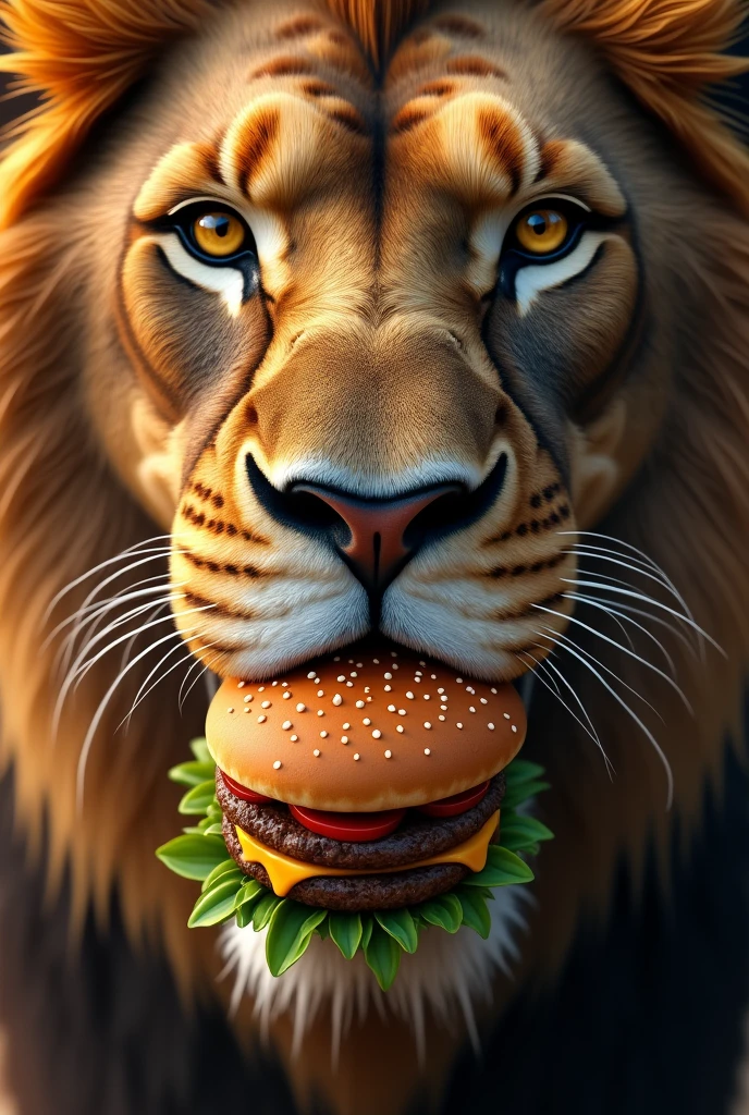 Design the face of a lion tasting a hamburger from the front