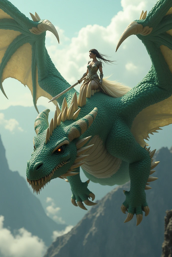 A giant green and white dragon with a female warrior riding it
