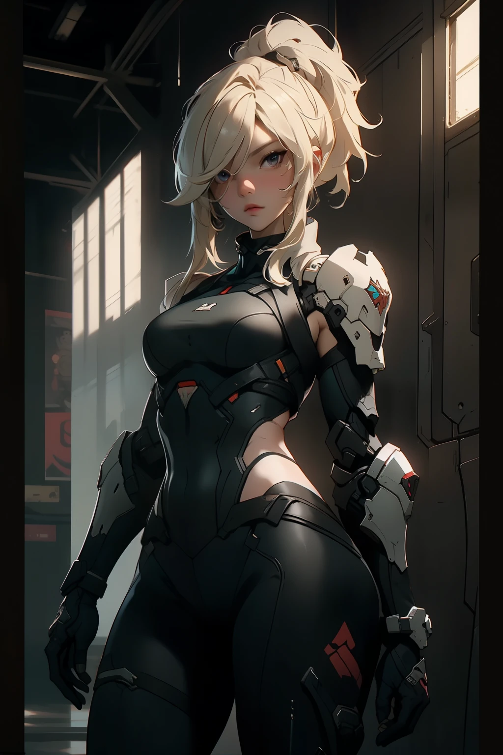 ((best quality)), ((Masterpiece)), (details:1.4), 3d, HDR (high dynamic range), an image of a beautiful cyberpunk female, Hight ponytails, Blonde hair, Black eyes, จมูกโด่ง, ปากแดง, หน้าอกใหญ่, nvidia RTX, PBR surface, After processing, Anisotropic filtration,depth of field, Maximum clarity and clarity, multi-layered surface, Subsurface scattering, perfect proportions, 8K raw files, ความละเอียดสุดยอด, Unreal 5, Perfect proportions, Octane Render, Two-tone lighting, Wide aperture, Low ISO, รายละเอียดดวงตา, crusader, Heavy armor, Fierce