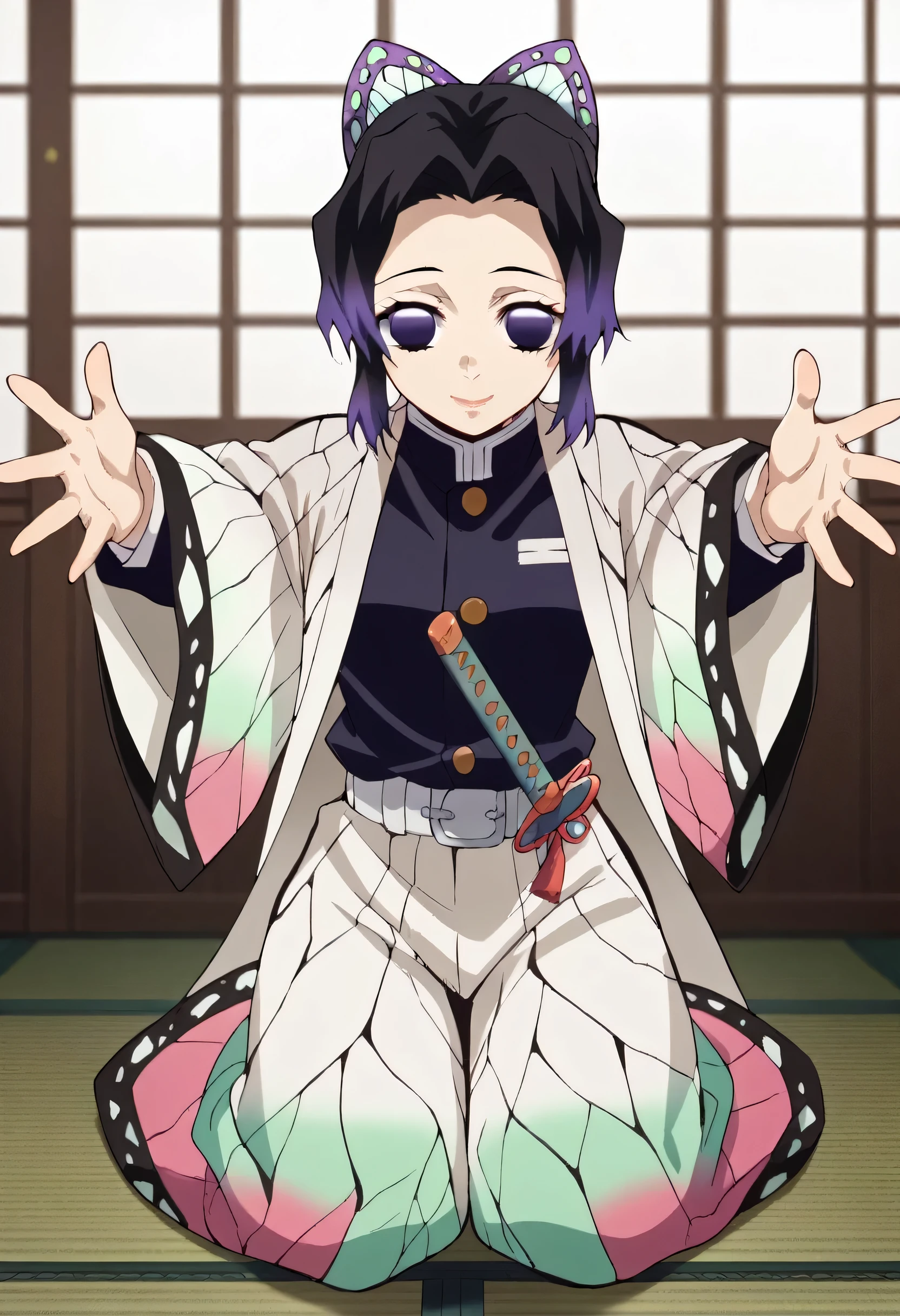 EFT_Shinobu, 1girl, kochou shinobu, demon slayer uniform, butterfly hair ornament, solo, hair ornament, weapon, sword, purple hair, multicolored hair, purple eyes, black hair, japanese clothes, gradient hair, haori, belt, katana, short hair, sheath, long sleeves, smiling, arms outstretched, open palms, fingers spread, warm expression, indoors, full body, blurry background, kneeling, sitting on knees, legs folded under