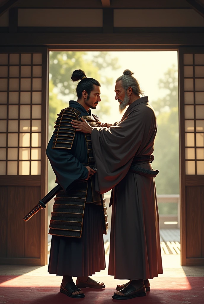A samurai dojo being seen off by his master before battle with a hug 



