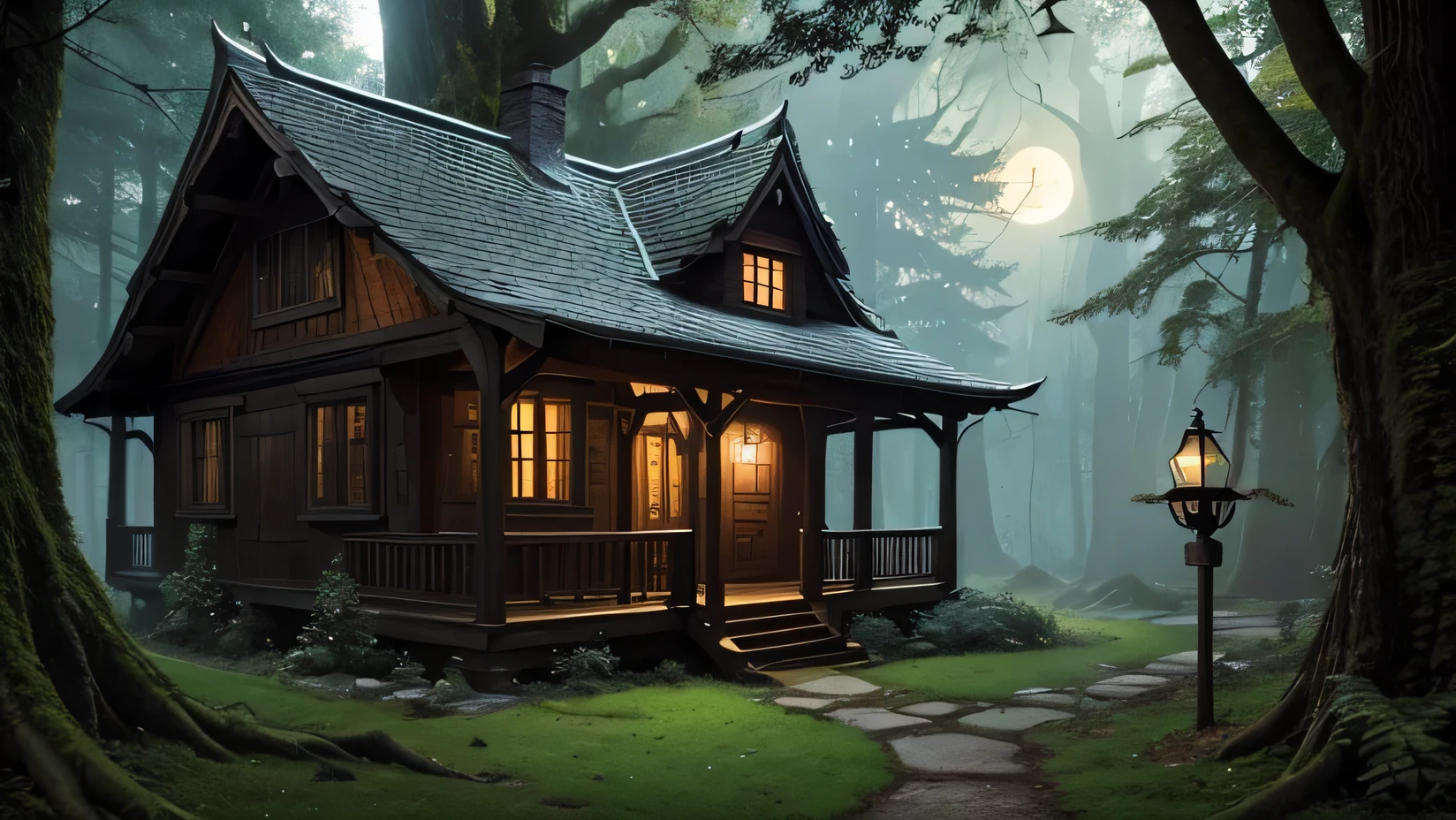 Small cozy wooden house, hidden deep in the enchanted forest. The house is covered with ivy and moss, smoke billows from the chimney. There is a mysterious woman standing on the threshold, a wise witch in a long cloak and a pointed hat, Holding a lantern, emitting a warm glow. The forest is full of tall, ancient trees with twisted roots., and the scene is illuminated by fireflies and the soft light of the full moon.