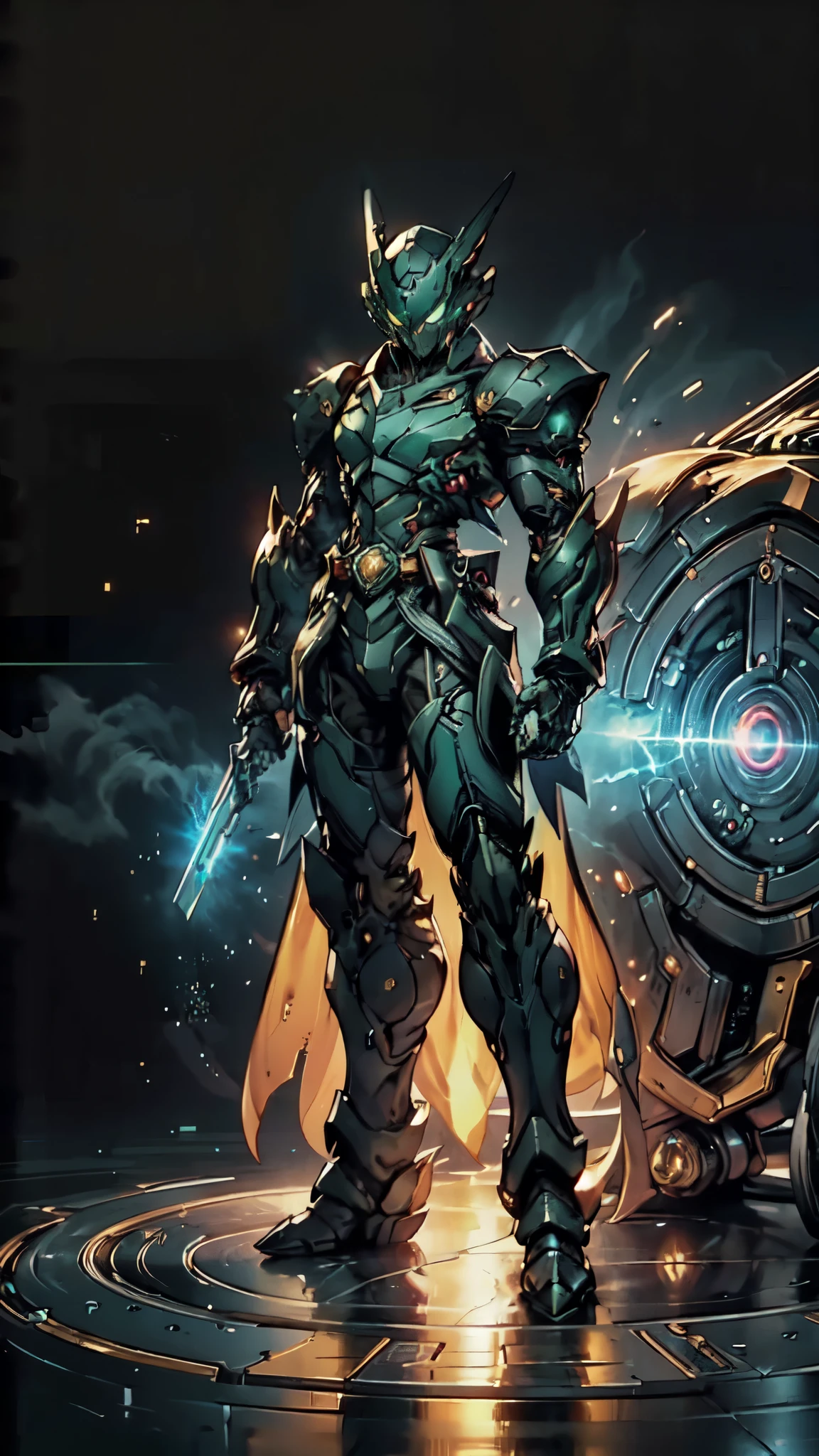 (masterpiece:1.5, best quality:1.5, extremely delicate:1.5), a man wearing a full-face helmet, a fantasy-style biotech armored combat suit, green eyes, (a composite layered chest armor), fully enclosed shoulder guards, matching arm and leg guards, belt of Neon circuit, (the color scheme is primarily black with green and red accents), the design balances heavy with agility, a high-tech bio-mecha armor, (Armor Concept Inspired by Kamen Rider, stand on the top of a skyscraper in a futuristic sci-fi city), this character embodies a finely crafted fantasy-surreal style armored hero in anime style, exquisite and mature manga art style, (element, plasma, energy, the armor glows), ((male:1.5)), metallic, high definition, highres, ultra-detailed, ultra-fine painting, professional, perfect body proportions, golden ratio, anatomically correct, symmetrical face, extremely detailed eyes and face, high quality eyes, creativity, RAW photo, UHD, 32k, Natural light, cinematic lighting, masterpiece-anatomy-perfect