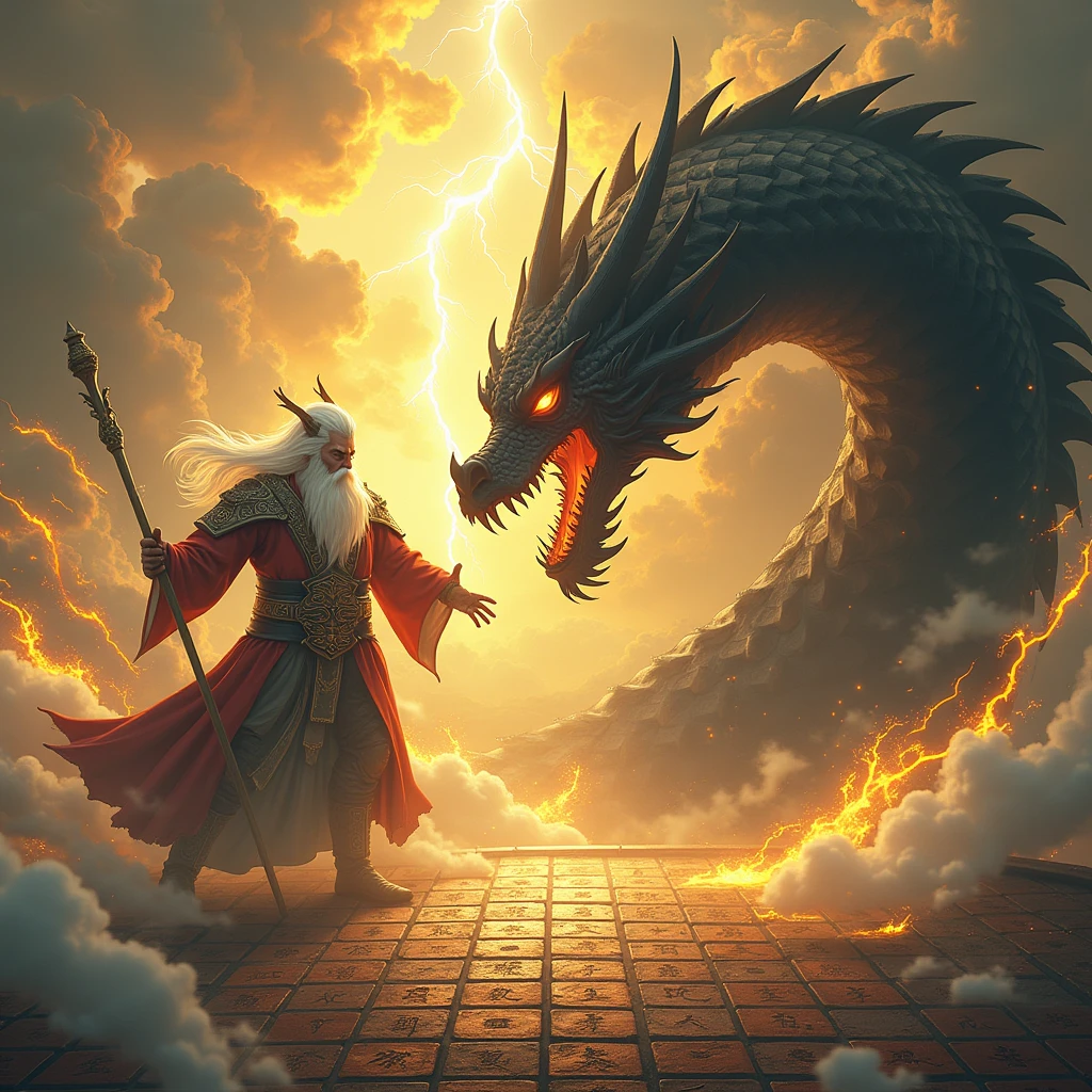 angry god of thunder with white hair and beard fighting with black dragon with flame eyes on the top oh mahjong board, has so many yellow storms with brightly cloud