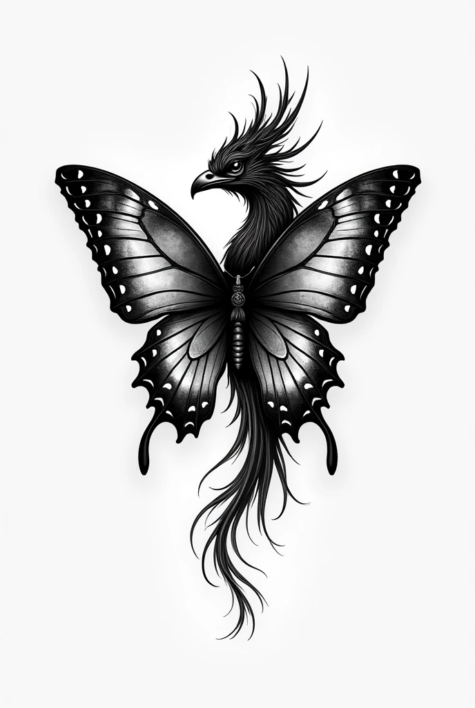 black and white tattoo of a butterfly with a phoenix head 