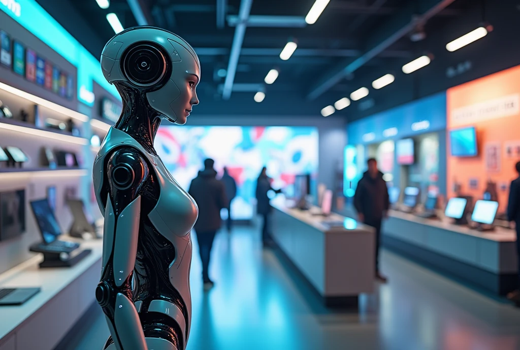 Create a character with intelligent characteristics, and that it is inside an electronics store with differentiated products
