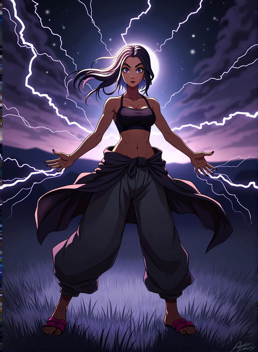 Dark skinned woman, two-tone hair, harem pants, tank top, jacket around waist, standing in vast grassy field, sandals, night, lightning in sky, emitting lightning, highly detailed, anime style