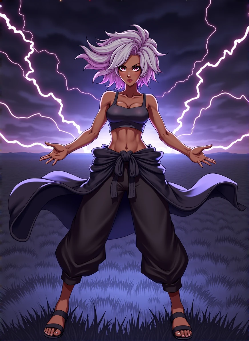 Dark skinned woman, two-tone hair, harem pants, tank top, jacket around waist, standing in vast grassy field, sandals, night, lightning in sky, emitting lightning, highly detailed, anime style