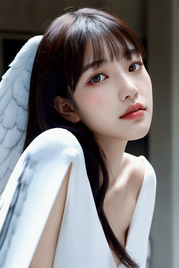 8K, high resolution, Best quality, masterpiece:1.2), RAW photogragh of Korean girl, cute, neat and beautiful girl,, Large breasts, Detailed face, (Natural skin texture, Detailed skin, Hyper-realism, ultra-sharpness), back light, (Photorealsitic:1.4), white medium hair mixed with black, a small face, highlights in the eyes, Light white eyes, Gloss on lips, Distinct double eyelids, face perfect, bangs. Lute from Hazbin Hotel. Wearing two sets of wings, a White and black angel wing on back of shoulders. Wearing a black and white halo on top of hair connected to the angel wings by small wire in circular fashion. Standing forward with camera showing full body detail. There is concrete in the background and she is outside. People are standing far away looking at her.