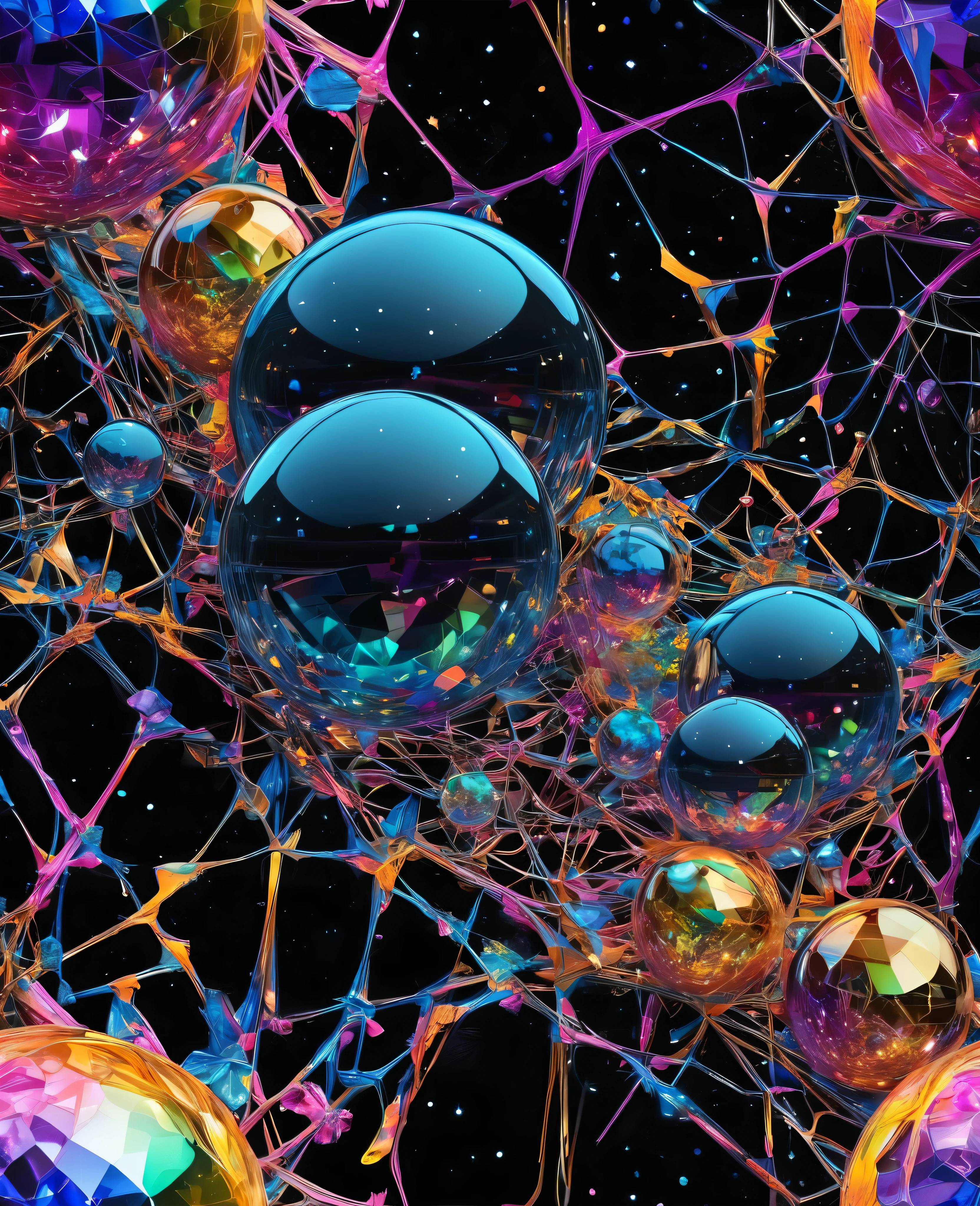 "An ultra-intricate 8K masterpiece inspired by Petra Cortright's graffiti and scribble style, featuring vibrant, glowing crystal spheres suspended in a web of delicate, multicolored shimmering lines. The design is a professional, highly detailed representation set against a rich, velvety black background, allowing the luminous hues of the crystal spheres and intricate web to shine. The composition incorporates a vivid palette of blues, purples, greens, and golds, creating a kaleidoscope of colors that enhance the ethereal beauty of the spheres. Each sphere is meticulously rendered, capturing light and reflection with stunning clarity, resulting in a visually striking and dynamic piece that is both colorful and captivating."
