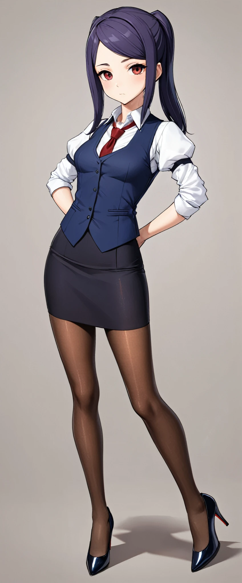 8k, arms behind back, full body, slim figure, flat bust, sparkling red eyes, Light blue eyelashes, high-heels, dark skirt, seductiv, Charming, small tit, jill stingray, necktie, pantyhose, skirt, vest, white shirt