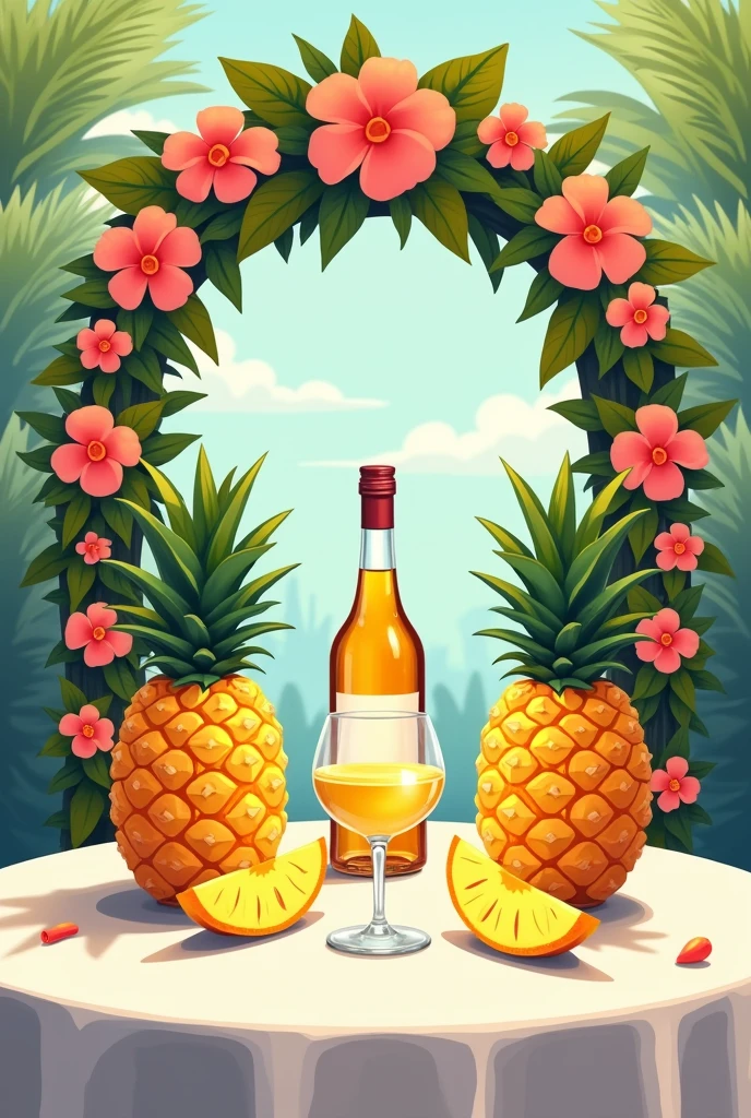 A display table, with a white tablecloth, at a fair with a bottle of pineapple wine and two pineapples, one on each side of the wine and pineapple slices and a glass of pineapple wine, with an arch decorated with tropical flowers and 2d style