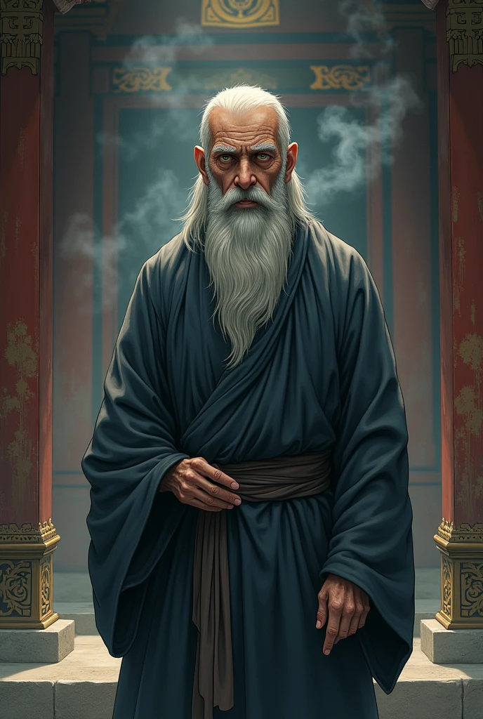 old man, priest, grey beard, sunken skin, in the temple, Anime Style
