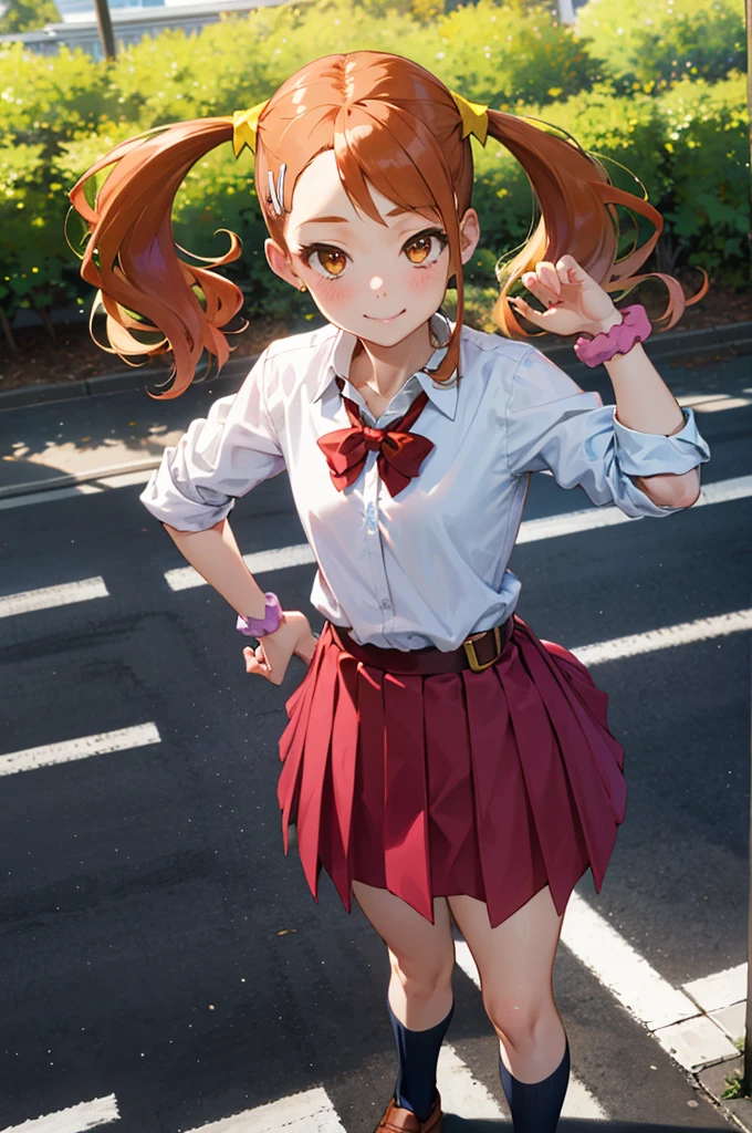 masterpiece, best quality, highres, 1girl,***,,,flat chest, anjou naruko, hairclip,, school uniform, sleeves rolled up, wrist scrunchie, belt, white shirt, red skirt, socks, twintails, standing, outdoors, smile,