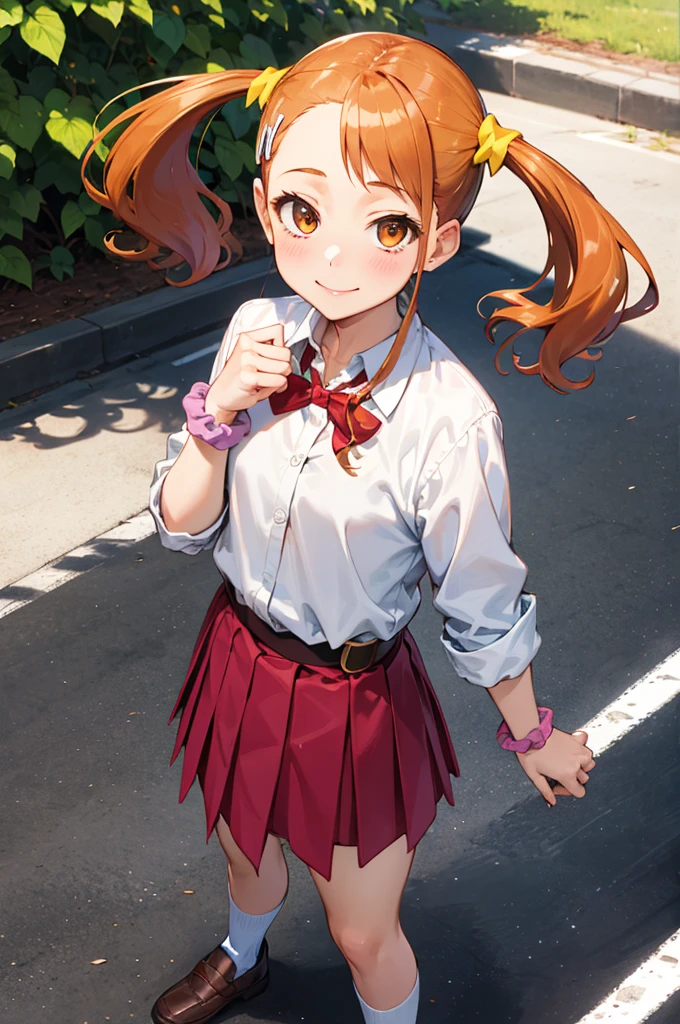 masterpiece, best quality, highres, 1girl,6yo,,,flat chest, anjou naruko, hairclip,, school uniform, sleeves rolled up, wrist scrunchie, belt, white shirt, red skirt, socks, twintails, standing, outdoors, smile,